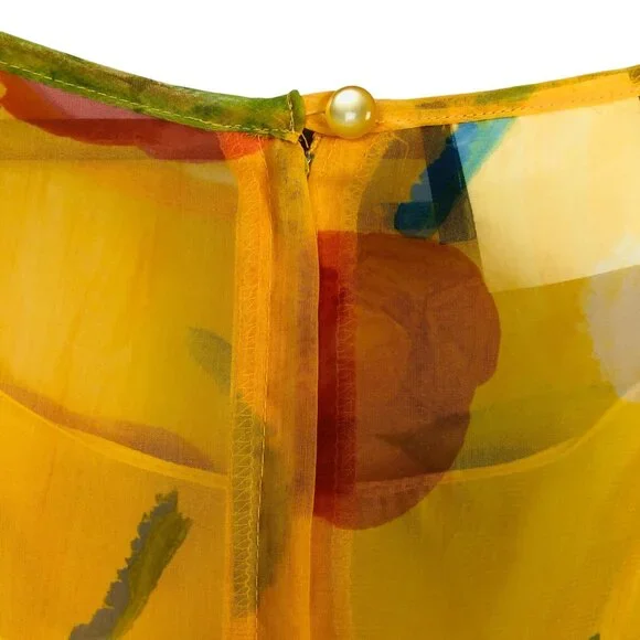 Vtg Byer Studio Women's Sheer Dress Size 14 Floral Print Yellow 3-Tiered Hem - Picture 9 of 12